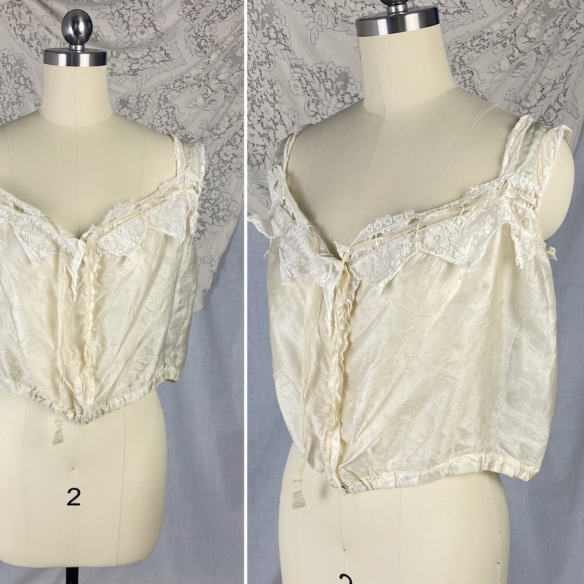 Antique 1910's Edwardian Camisole | Champagne Tissue Silk with Chantilly Lace & Aqua Blue Straps | Size XXS, XS - Daggers & Dames