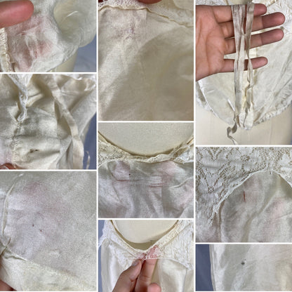 Antique 1910's Edwardian Camisole | Champagne Tissue Silk with Chantilly Lace & Aqua Blue Straps | Size XXS, XS - Daggers & Dames