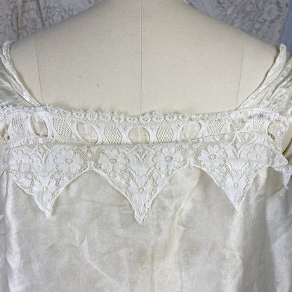 Antique 1910's Edwardian Camisole | Champagne Tissue Silk with Chantilly Lace & Aqua Blue Straps | Size XXS, XS - Daggers & Dames
