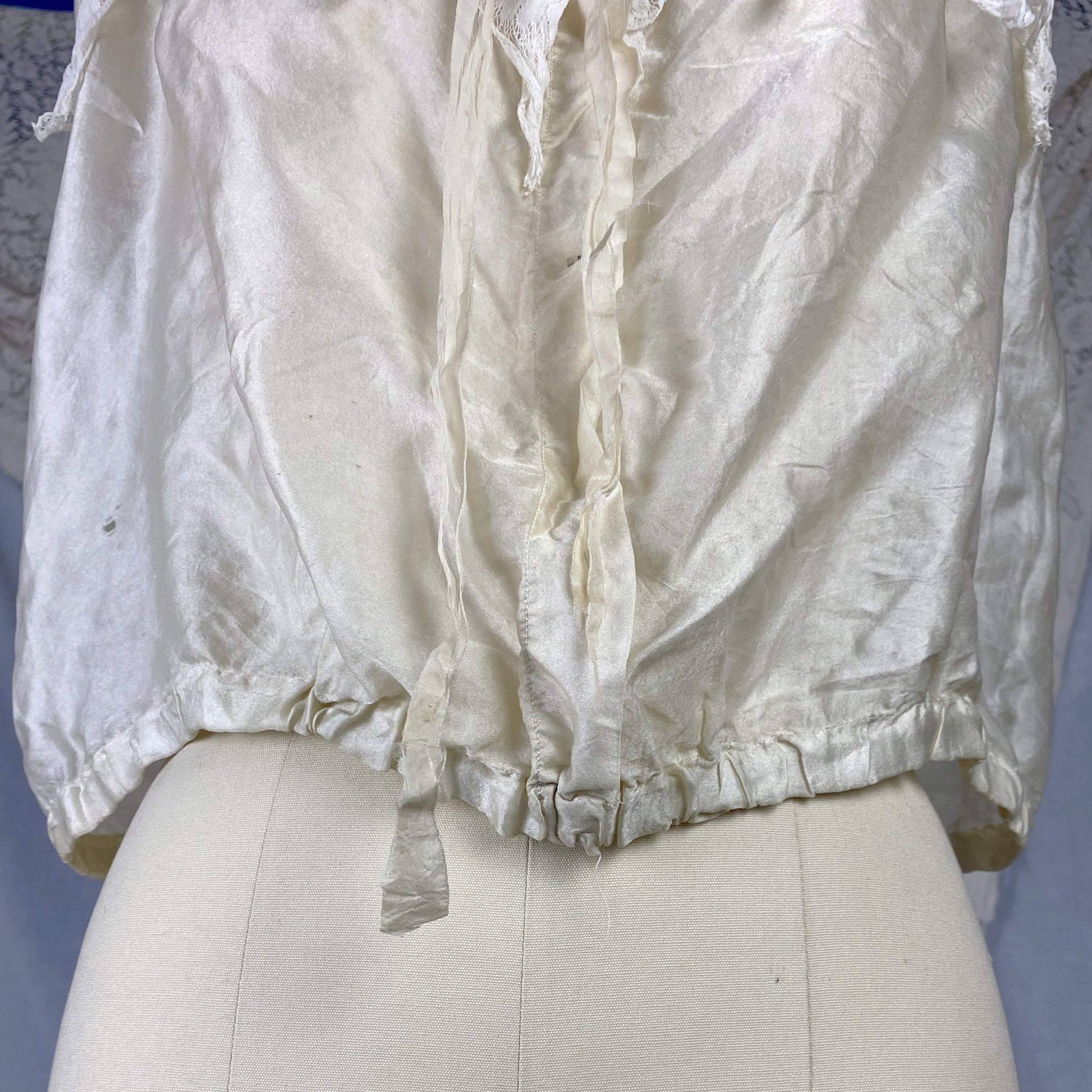 Antique 1910's Edwardian Camisole | Champagne Tissue Silk with Chantilly Lace & Aqua Blue Straps | Size XXS, XS - Daggers & Dames
