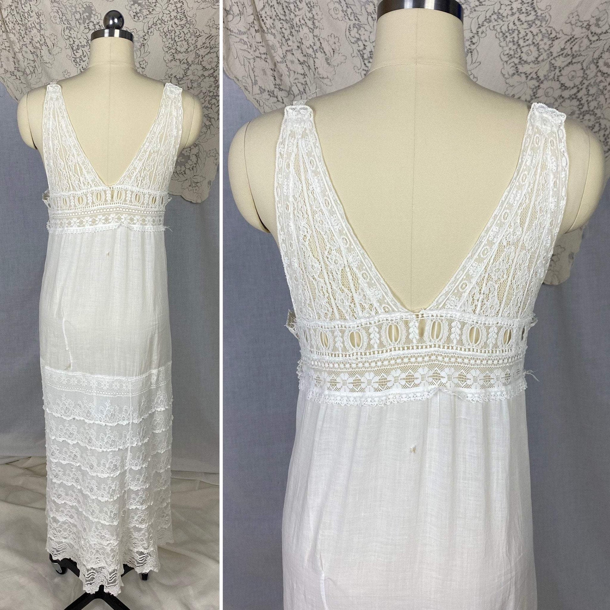 Antique 1910's Edwardian Chemise | Bright White Cotton Lawn with Valenciennes Lace | Size S, M - Daggers & Dames