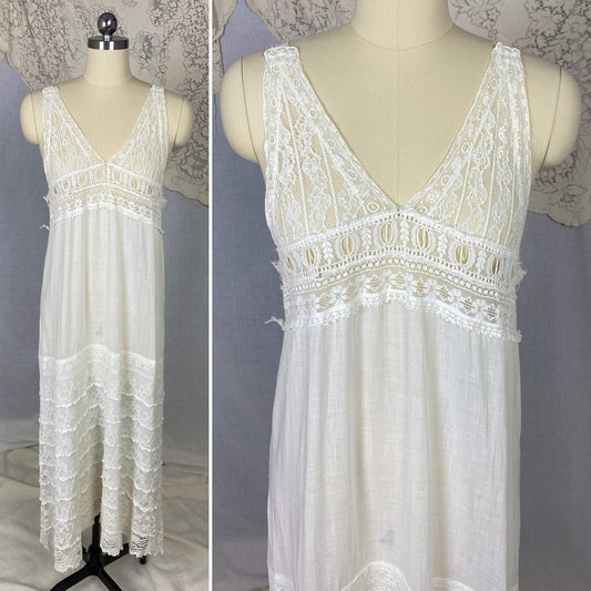 Antique 1910's Edwardian Chemise | Bright White Cotton Lawn with Valenciennes Lace | Size S, M - Daggers & Dames