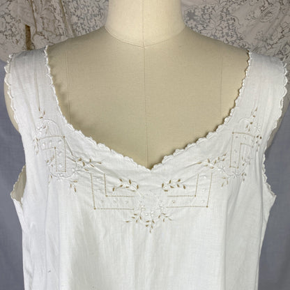 Antique 1910's Edwardian Chemise | Crisp White Cotton with Embroidery | Size Free - Daggers & Dames