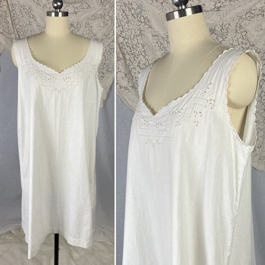 Antique 1910's Edwardian Chemise | Crisp White Cotton with Embroidery | Size Free - Daggers & Dames