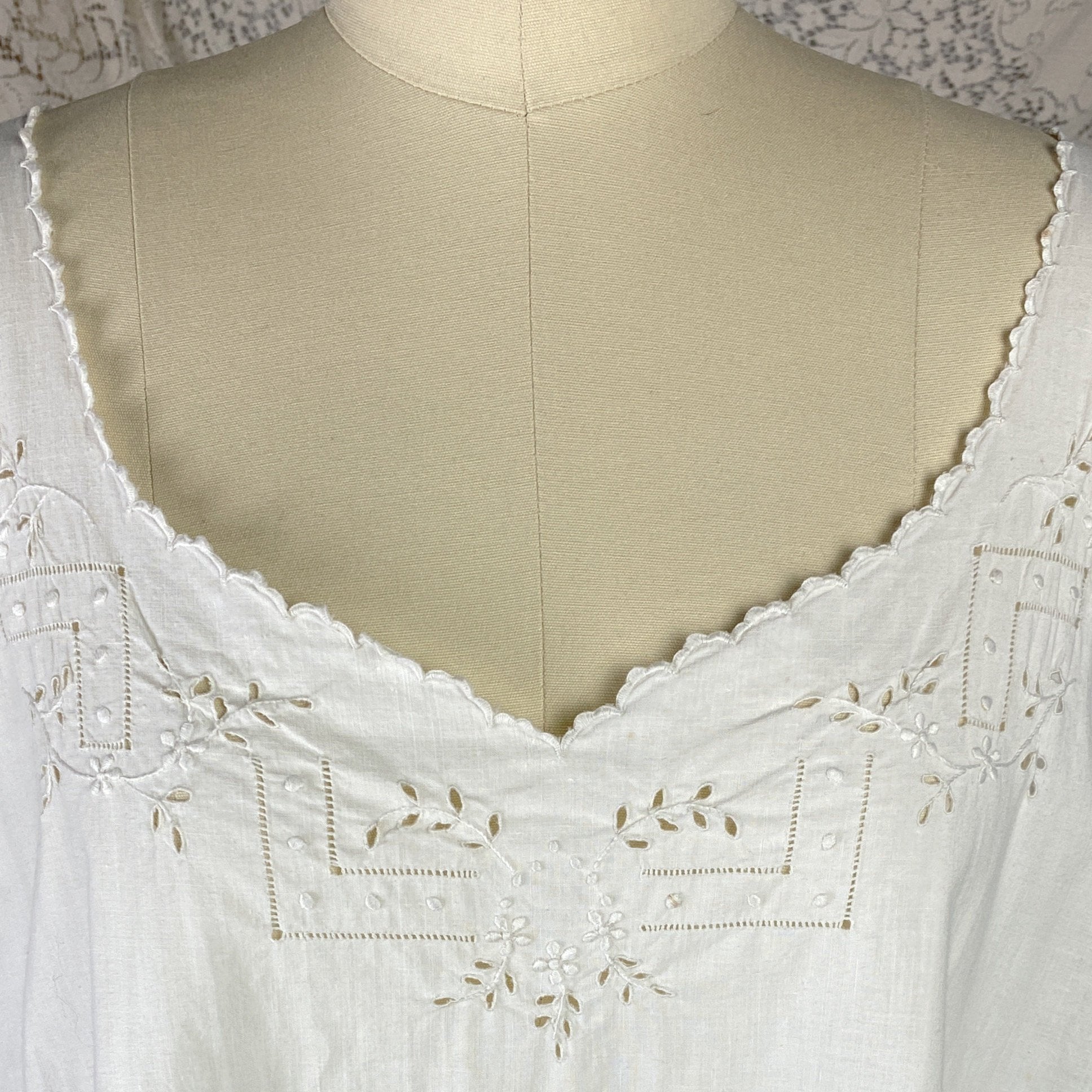 Antique 1910's Edwardian Chemise | Crisp White Cotton with Embroidery | Size Free - Daggers & Dames