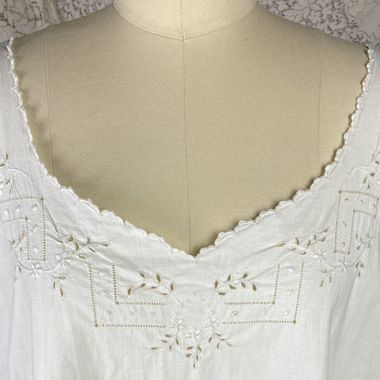 Antique 1910's Edwardian Chemise | Crisp White Cotton with Embroidery | Size Free - Daggers & Dames
