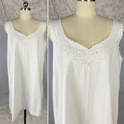 Antique 1910's Edwardian Chemise | Crisp White Cotton with Embroidery | Size Free - Daggers & Dames