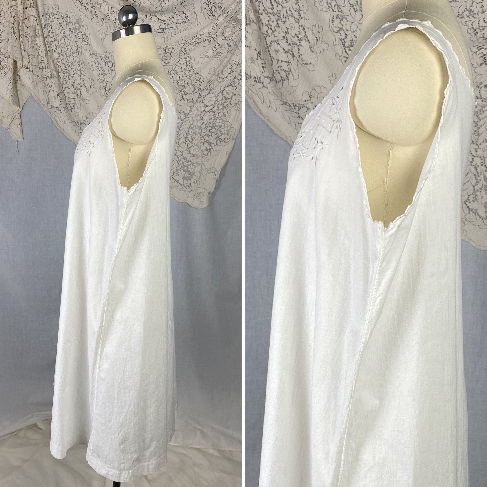 Antique 1910's Edwardian Chemise | Crisp White Cotton with Embroidery | Size Free - Daggers & Dames