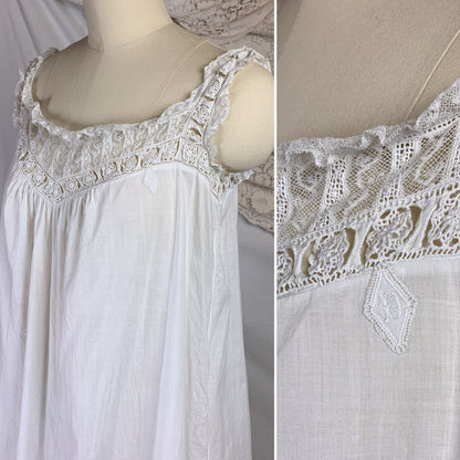 Antique 1910's Edwardian Chemise & Drawers Set | Soft Monogrammed White Cotton with Valenciennes Lace | Size XS, SM - Daggers & Dames