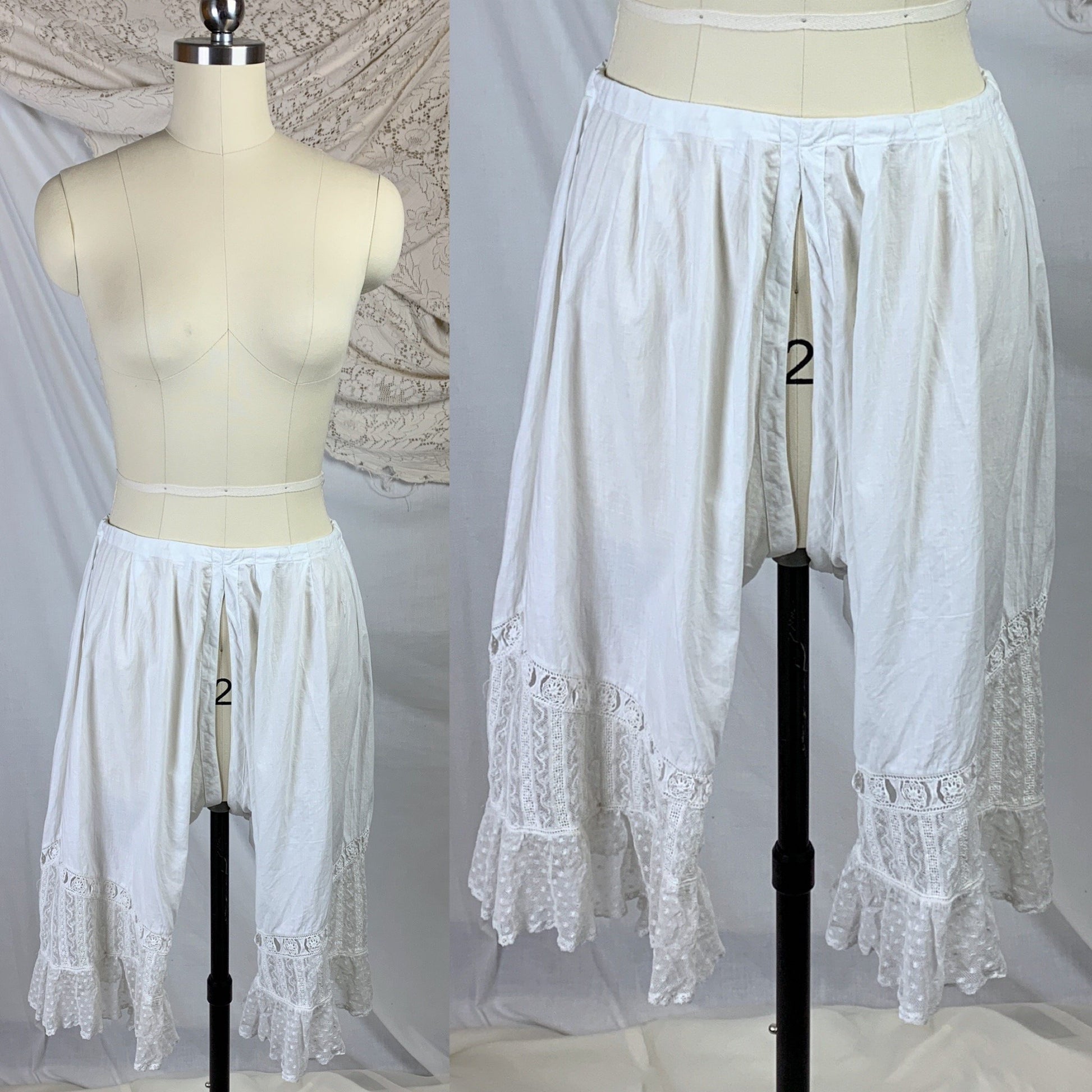 Antique 1910's Edwardian Chemise & Drawers Set | Soft Monogrammed White Cotton with Valenciennes Lace | Size XS, SM - Daggers & Dames