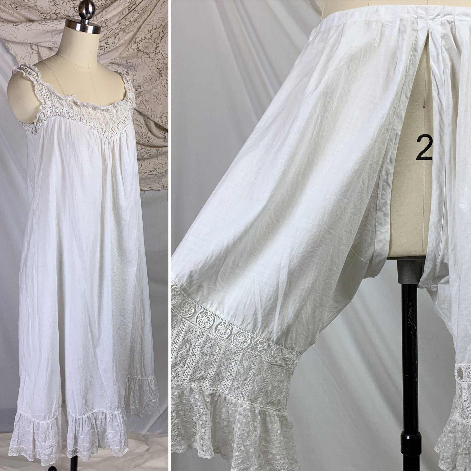 Antique 1910's Edwardian Chemise & Drawers Set | Soft Monogrammed White Cotton with Valenciennes Lace | Size XS, SM - Daggers & Dames