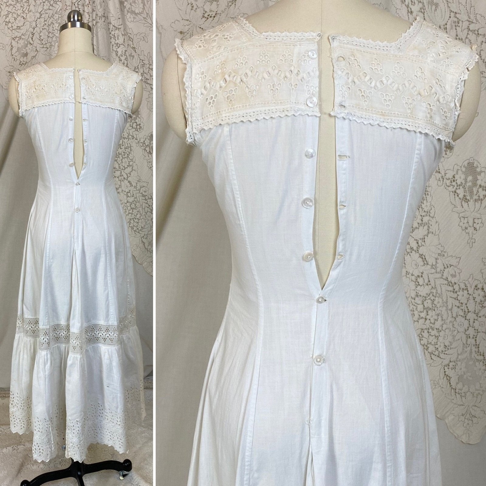 Antique 1910's Edwardian Chemise Gown | Crisp White Cotton with Eyelet Lace & Button Closure | Size XXS - Daggers & Dames