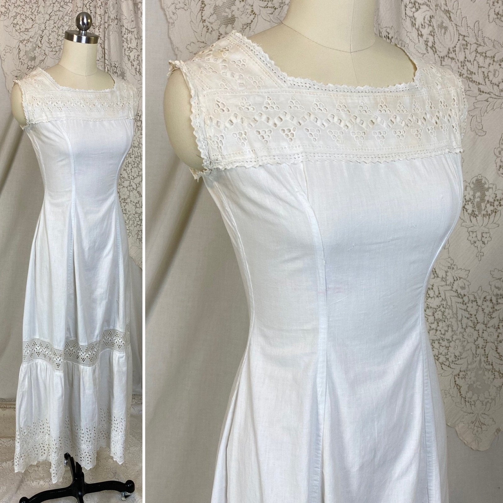 Antique 1910's Edwardian Chemise Gown | Crisp White Cotton with Eyelet Lace & Button Closure | Size XXS - Daggers & Dames