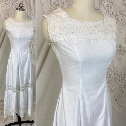 Antique 1910's Edwardian Chemise Gown | Crisp White Cotton with Eyelet Lace & Button Closure | Size XXS - Daggers & Dames