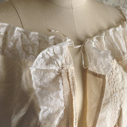 Antique 1910's Edwardian Corset Cover | Pale Yellow Cotton with Pinstripes & Lace | Size XXS - Daggers & Dames
