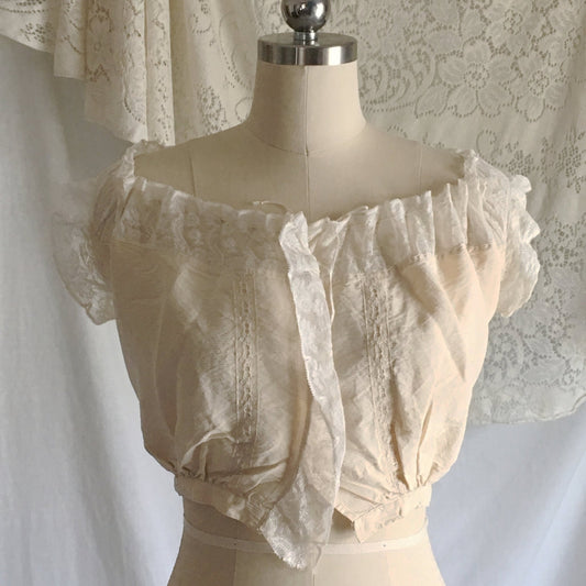 Antique 1910's Edwardian Corset Cover | Pale Yellow Cotton with Pinstripes & Lace | Size XXS - Daggers & Dames