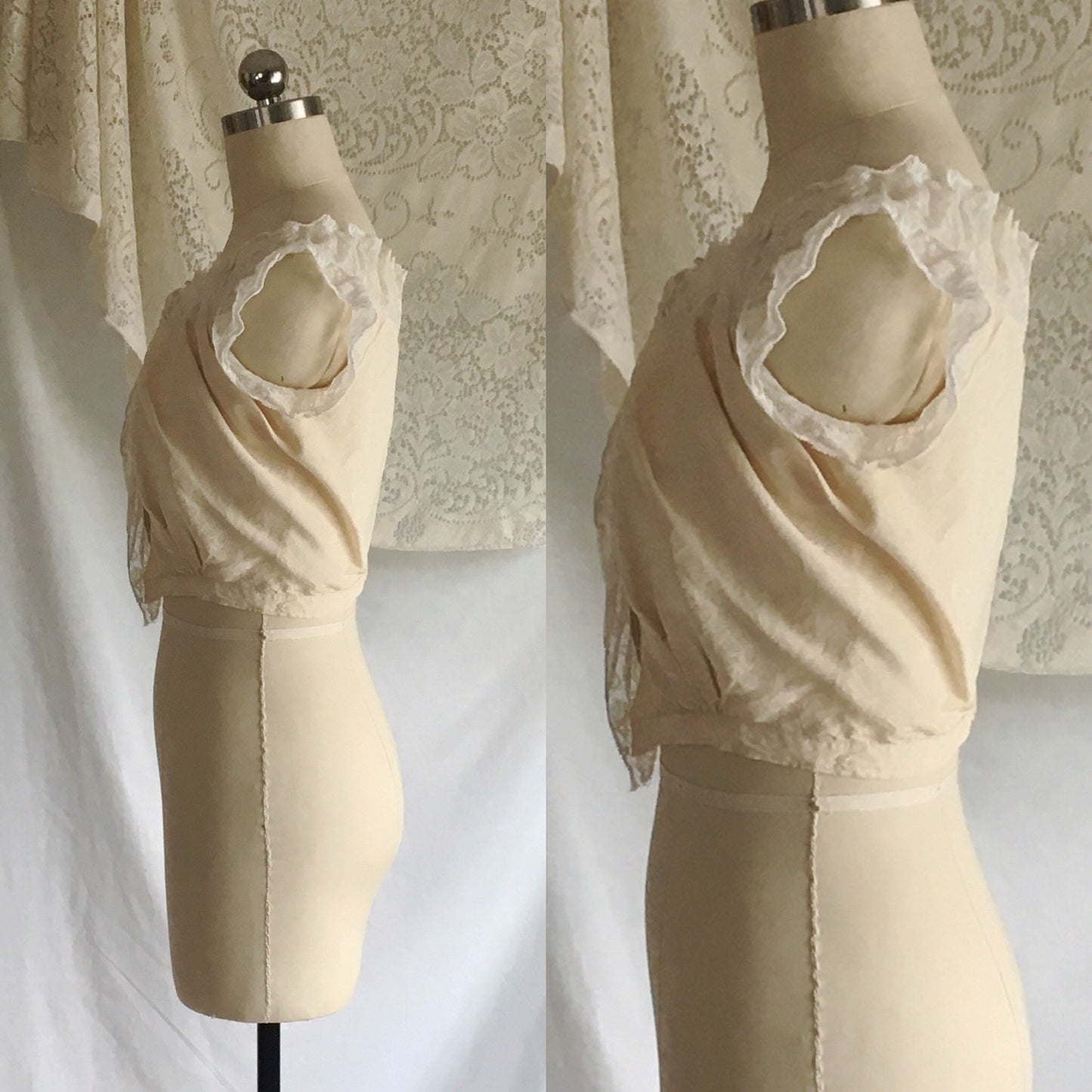 Antique 1910's Edwardian Corset Cover | Pale Yellow Cotton with Pinstripes & Lace | Size XXS - Daggers & Dames
