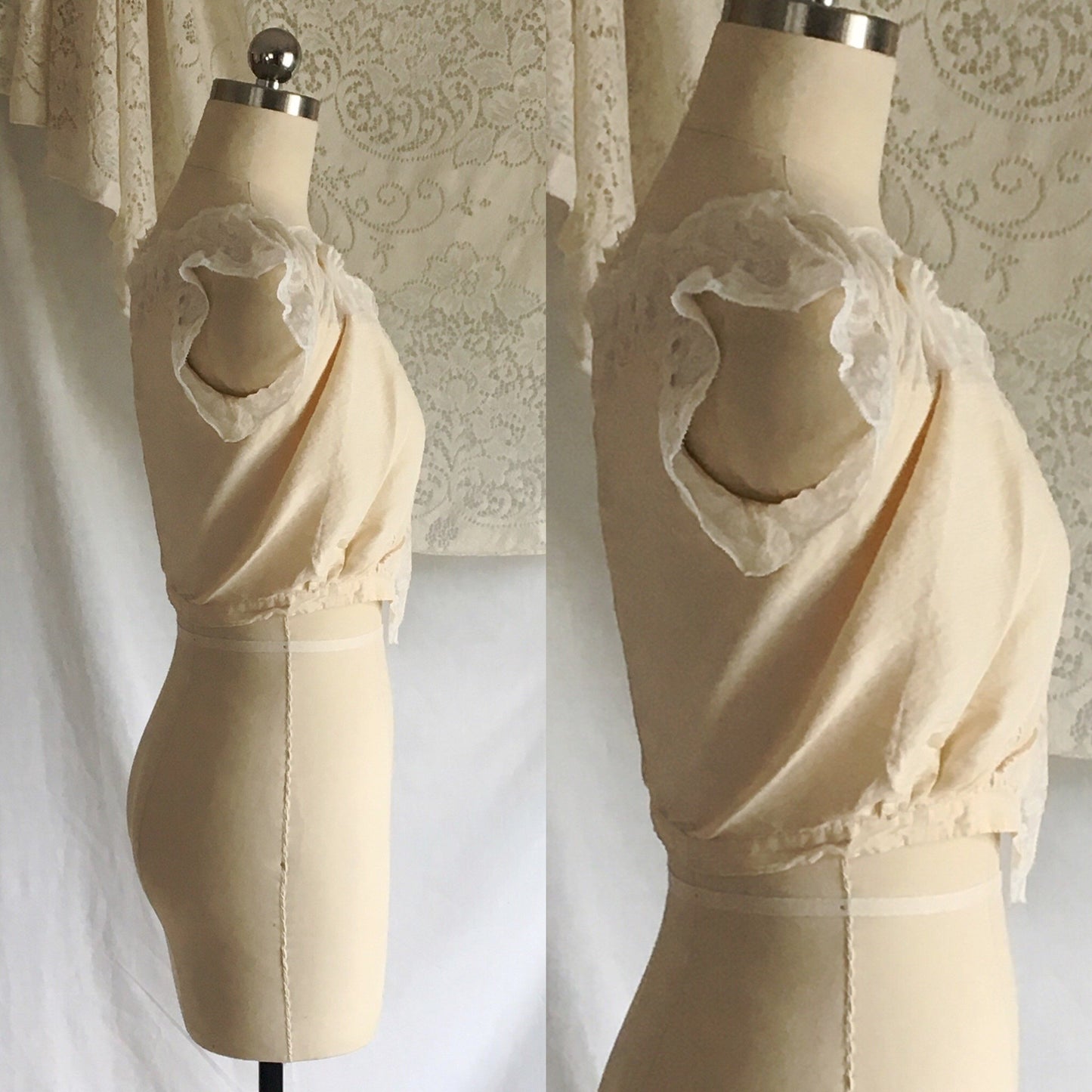 Antique 1910's Edwardian Corset Cover | Pale Yellow Cotton with Pinstripes & Lace | Size XXS - Daggers & Dames