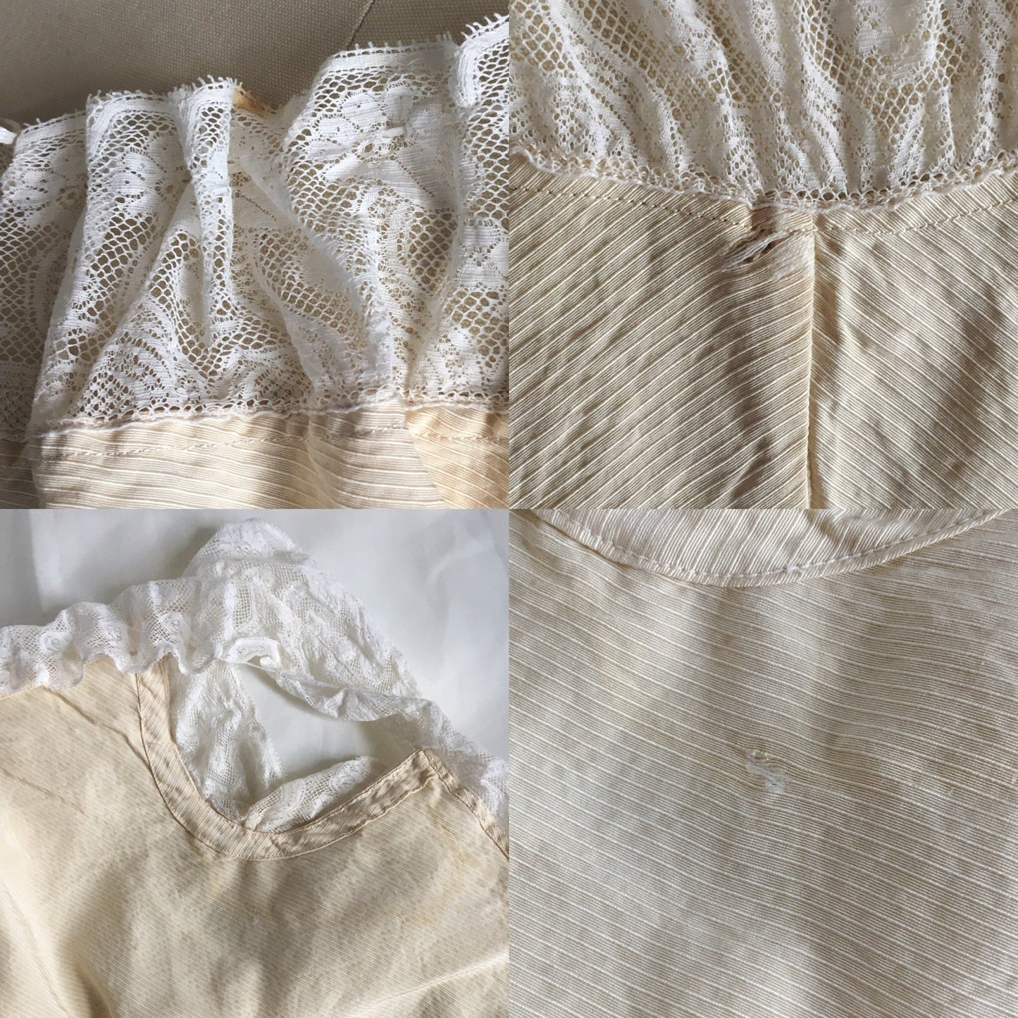 Antique 1910's Edwardian Corset Cover | Pale Yellow Cotton with Pinstripes & Lace | Size XXS - Daggers & Dames