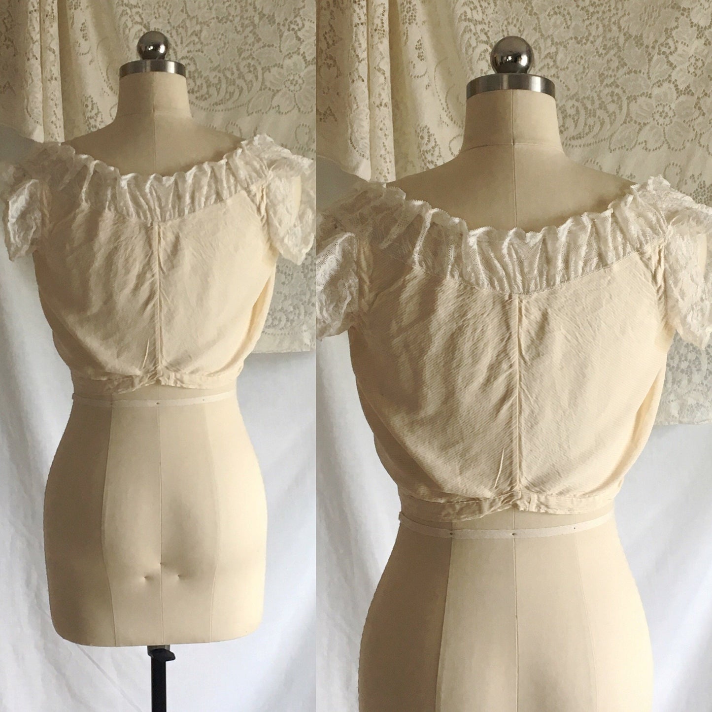 Antique 1910's Edwardian Corset Cover | Pale Yellow Cotton with Pinstripes & Lace | Size XXS - Daggers & Dames