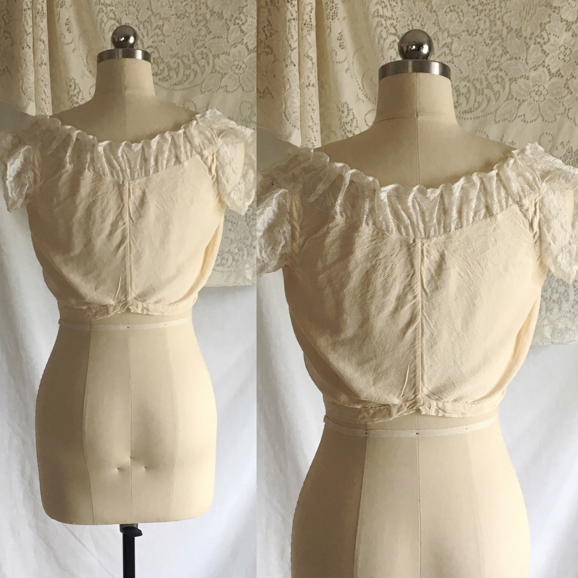 Antique 1910's Edwardian Corset Cover | Pale Yellow Cotton with Pinstripes & Lace | Size XXS - Daggers & Dames