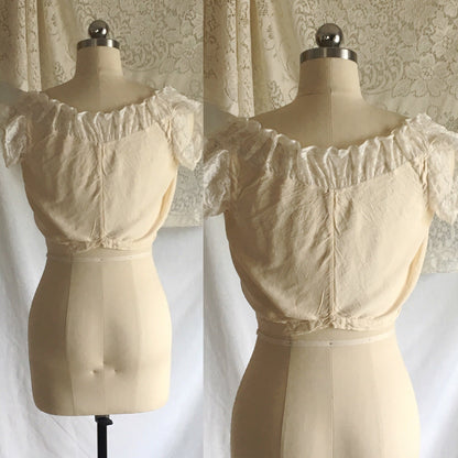 Antique 1910's Edwardian Corset Cover | Pale Yellow Cotton with Pinstripes & Lace | Size XXS - Daggers & Dames