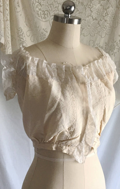 Antique 1910's Edwardian Corset Cover | Pale Yellow Cotton with Pinstripes & Lace | Size XXS - Daggers & Dames