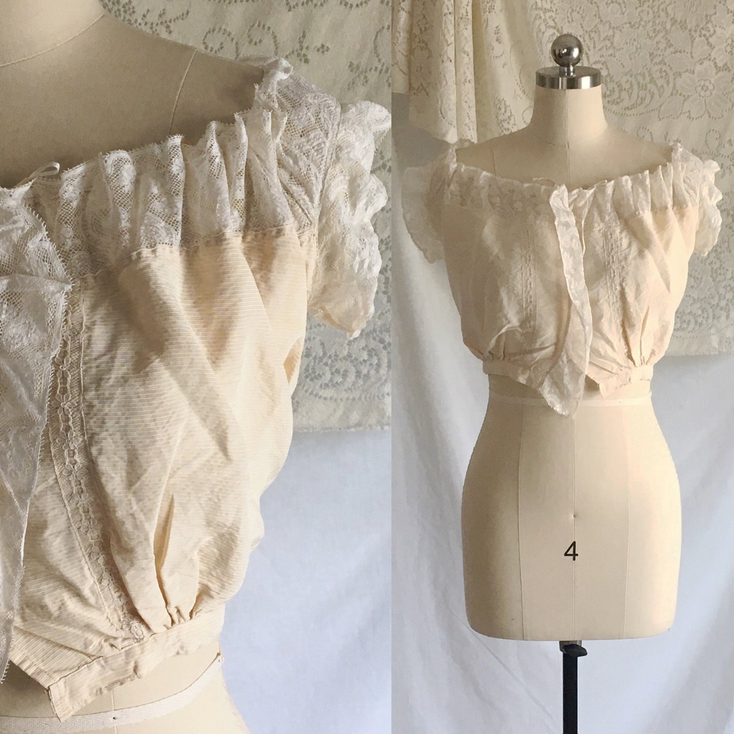 Antique 1910's Edwardian Corset Cover | Pale Yellow Cotton with Pinstripes & Lace | Size XXS - Daggers & Dames