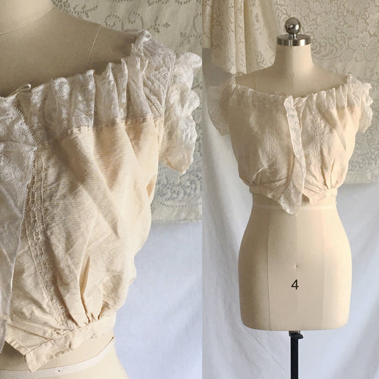 Antique 1910's Edwardian Corset Cover | Pale Yellow Cotton with Pinstripes & Lace | Size XXS - Daggers & Dames