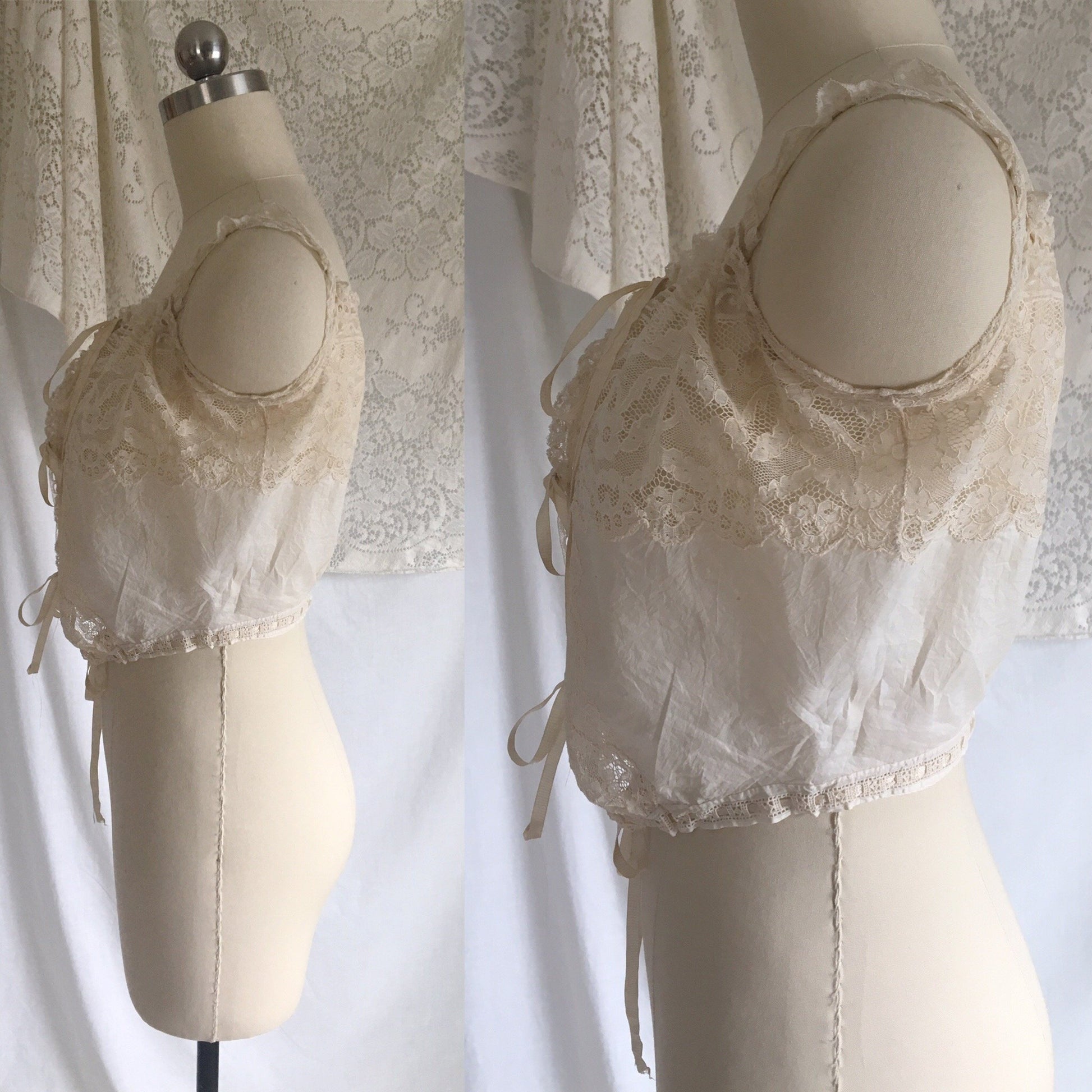 Antique 1910's Edwardian Corset Cover | Sheer White Cotton Lawn with Chantilly Lace | Size XXS, XS - Daggers & Dames