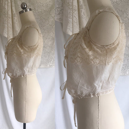 Antique 1910's Edwardian Corset Cover | Sheer White Cotton Lawn with Chantilly Lace | Size XXS, XS - Daggers & Dames