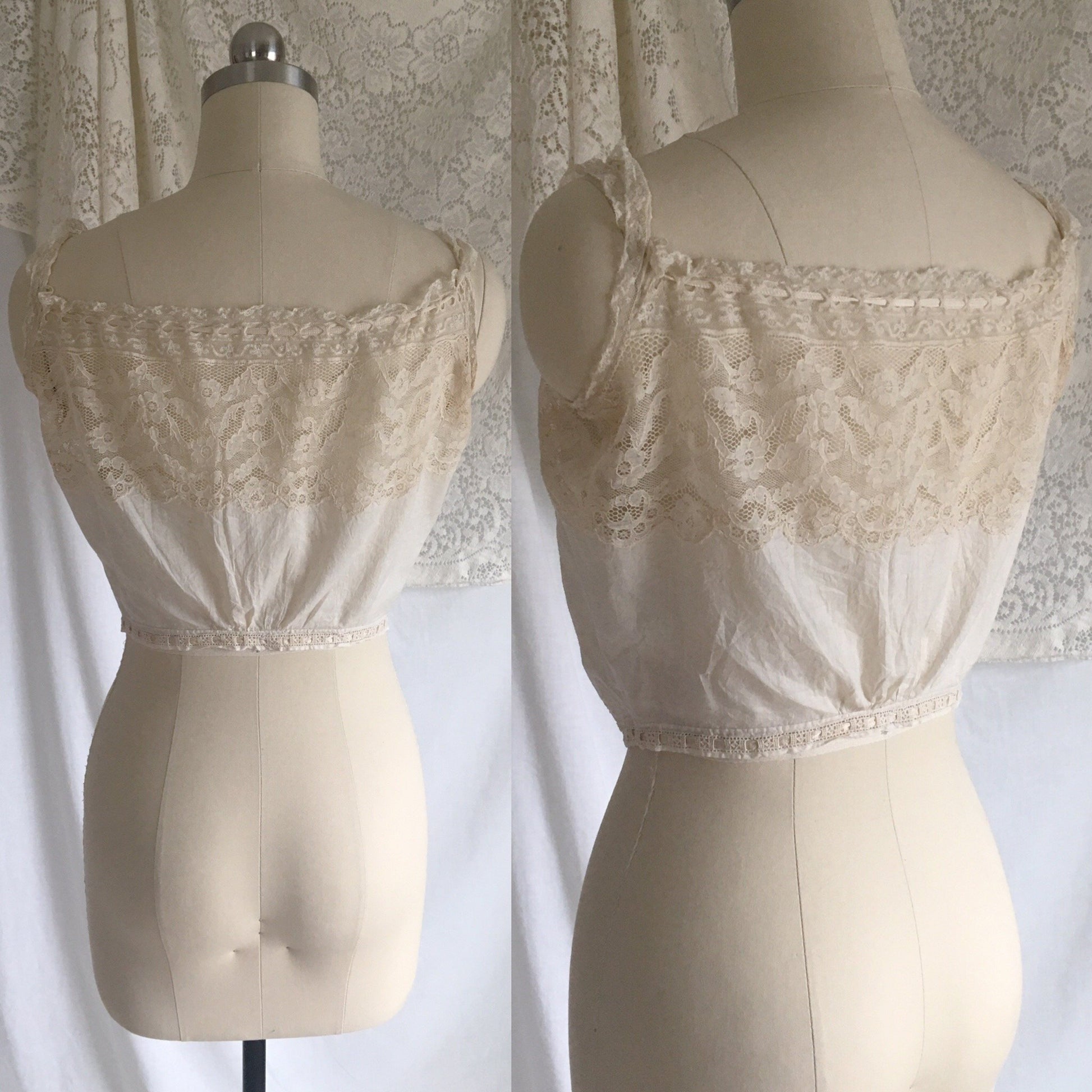 Antique 1910's Edwardian Corset Cover | Sheer White Cotton Lawn with Chantilly Lace | Size XXS, XS - Daggers & Dames