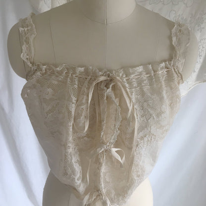 Antique 1910's Edwardian Corset Cover | Sheer White Cotton Lawn with Chantilly Lace | Size XXS, XS - Daggers & Dames