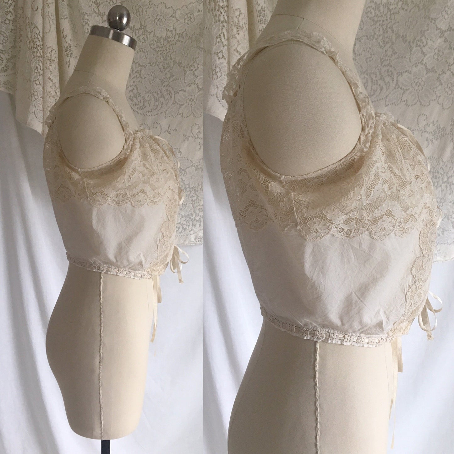 Antique 1910's Edwardian Corset Cover | Sheer White Cotton Lawn with Chantilly Lace | Size XXS, XS - Daggers & Dames