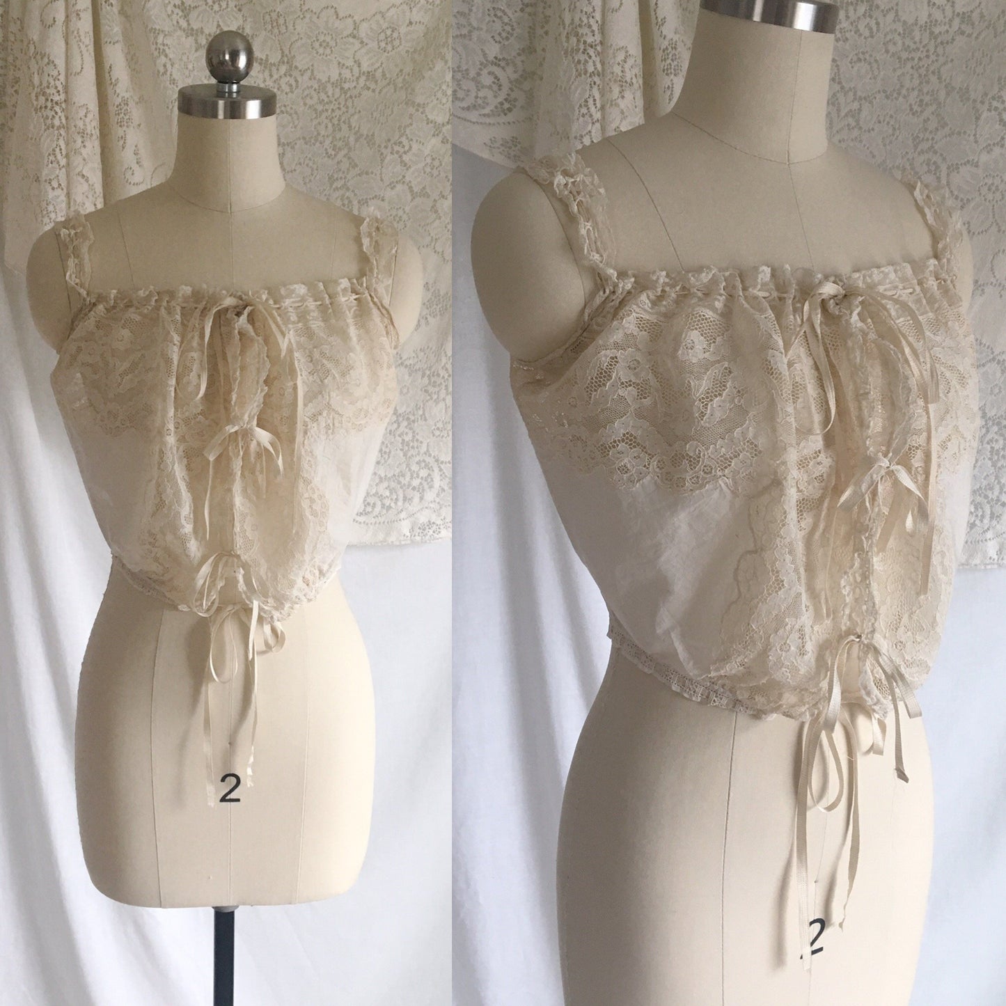 Antique 1910's Edwardian Corset Cover | Sheer White Cotton Lawn with Chantilly Lace | Size XXS, XS - Daggers & Dames