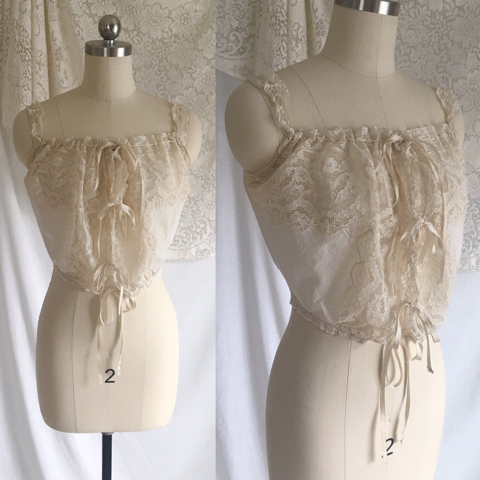 Antique 1910's Edwardian Corset Cover | Sheer White Cotton Lawn with Chantilly Lace | Size XXS, XS - Daggers & Dames