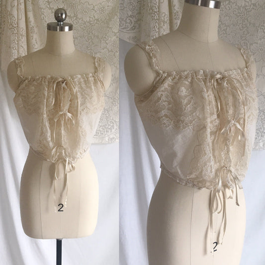Antique 1910's Edwardian Corset Cover | Sheer White Cotton Lawn with Chantilly Lace | Size XXS, XS - Daggers & Dames