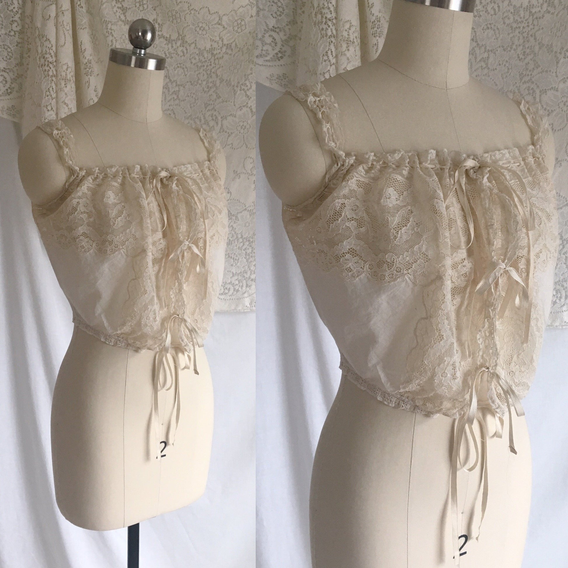 Antique 1910's Edwardian Corset Cover | Sheer White Cotton Lawn with Chantilly Lace | Size XXS, XS - Daggers & Dames