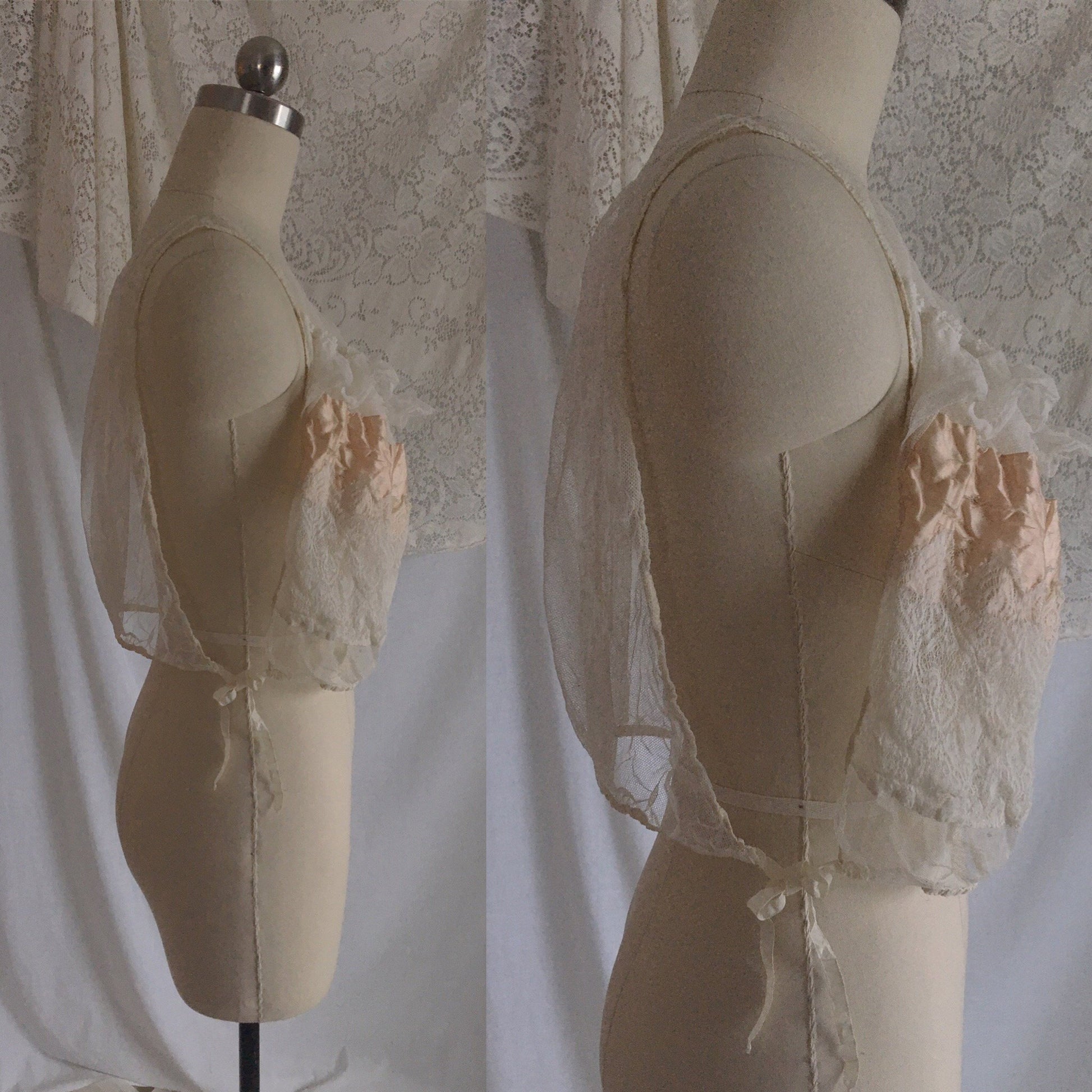 Antique 1910's Edwardian Corset Cover | Sheer White Tulle with Pale Peach Silk | Size XXS, XS - Daggers & Dames
