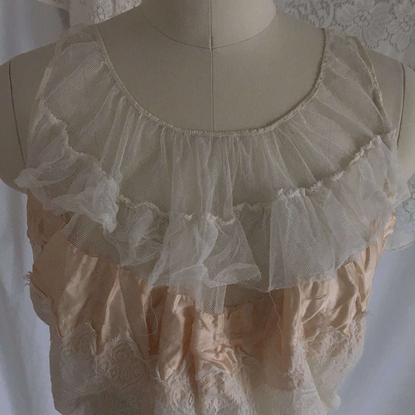 Antique 1910's Edwardian Corset Cover | Sheer White Tulle with Pale Peach Silk | Size XXS, XS - Daggers & Dames
