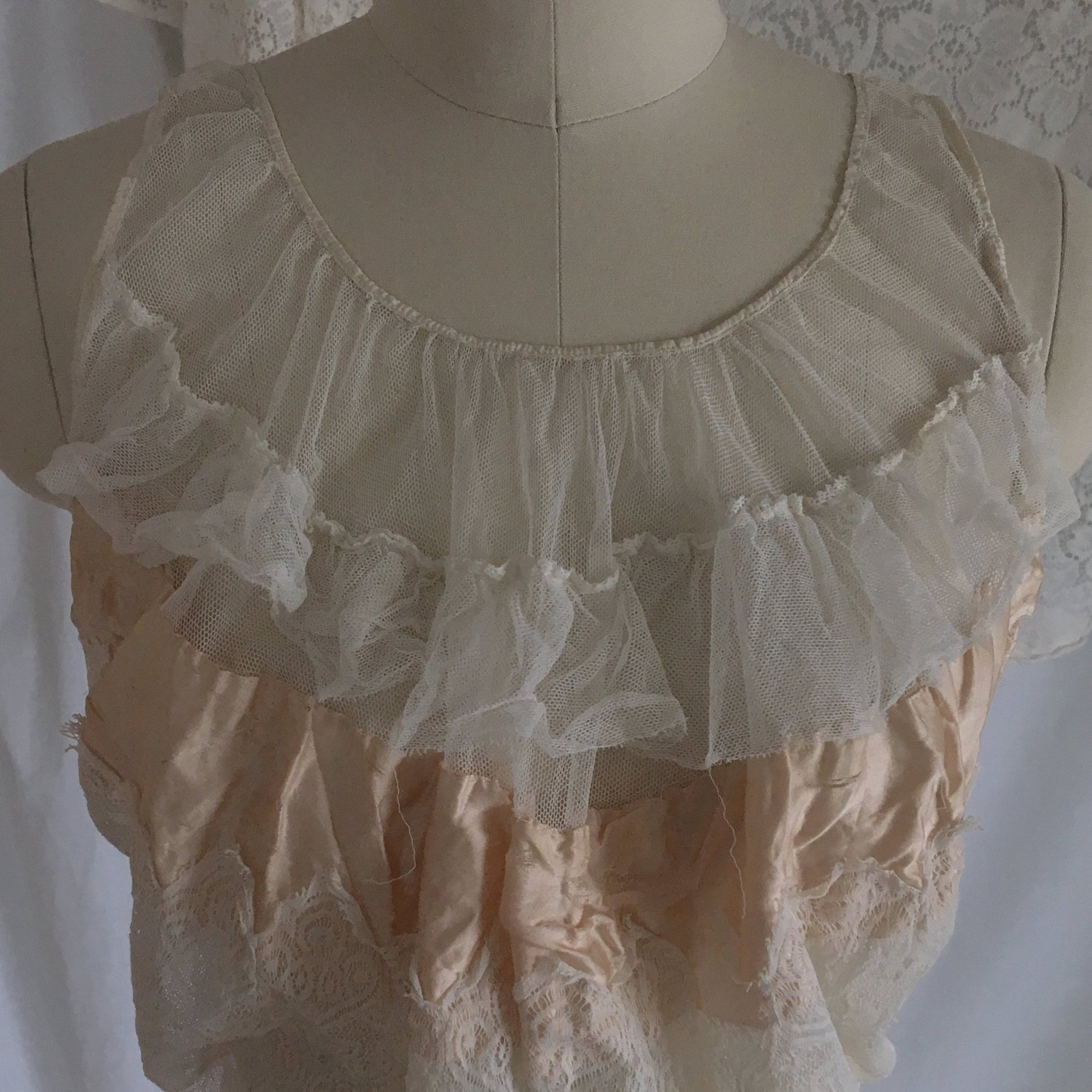 Antique 1910's Edwardian Corset Cover | Sheer White Tulle with Pale Peach Silk | Size XXS, XS - Daggers & Dames