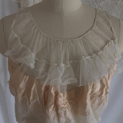 Antique 1910's Edwardian Corset Cover | Sheer White Tulle with Pale Peach Silk | Size XXS, XS - Daggers & Dames