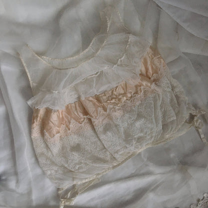 Antique 1910's Edwardian Corset Cover | Sheer White Tulle with Pale Peach Silk | Size XXS, XS - Daggers & Dames