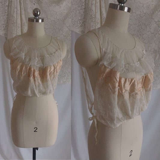 Antique 1910's Edwardian Corset Cover | Sheer White Tulle with Pale Peach Silk | Size XXS, XS - Daggers & Dames