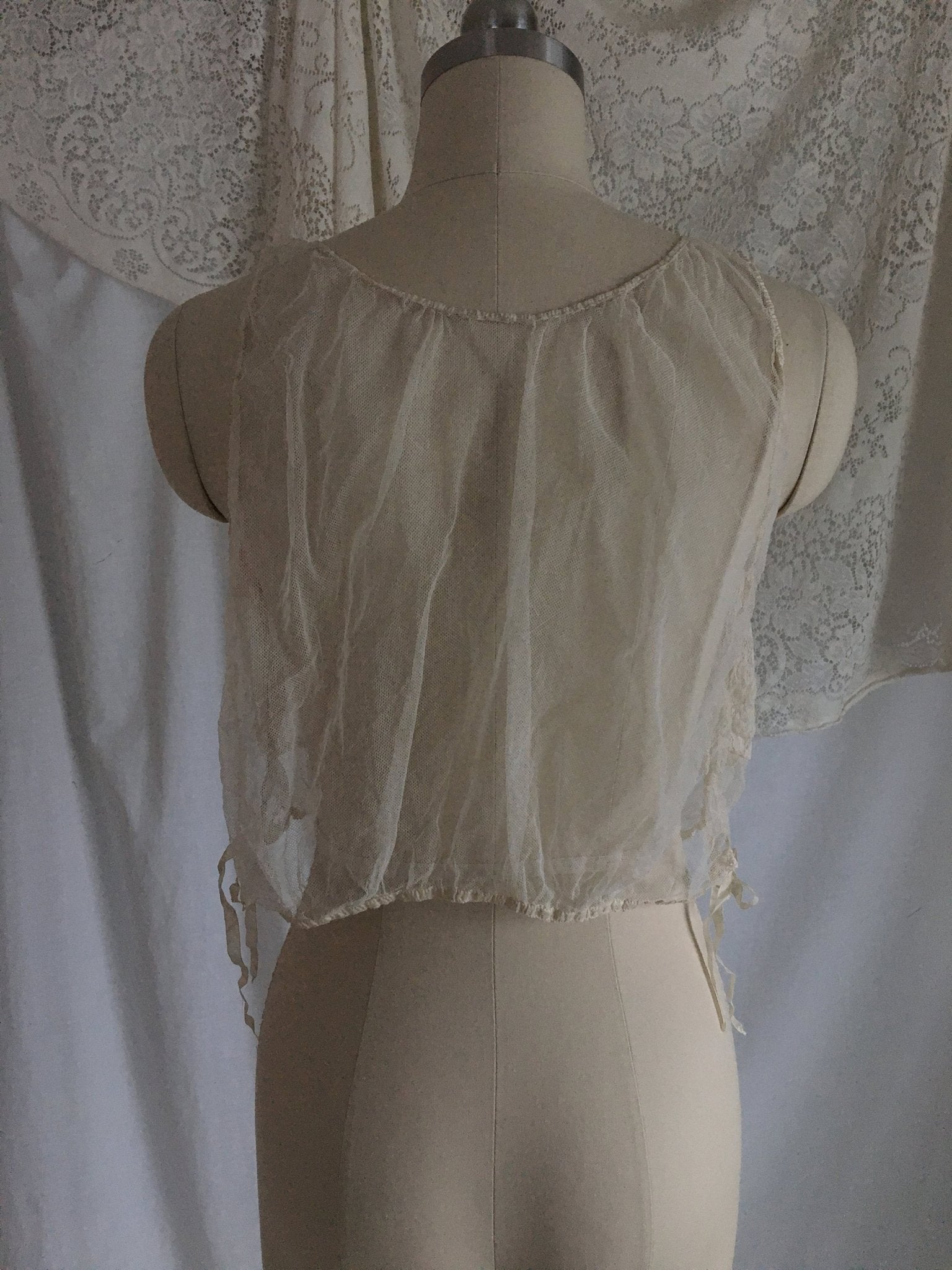 Antique 1910's Edwardian Corset Cover | Sheer White Tulle with Pale Peach Silk | Size XXS, XS - Daggers & Dames