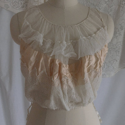 Antique 1910's Edwardian Corset Cover | Sheer White Tulle with Pale Peach Silk | Size XXS, XS - Daggers & Dames