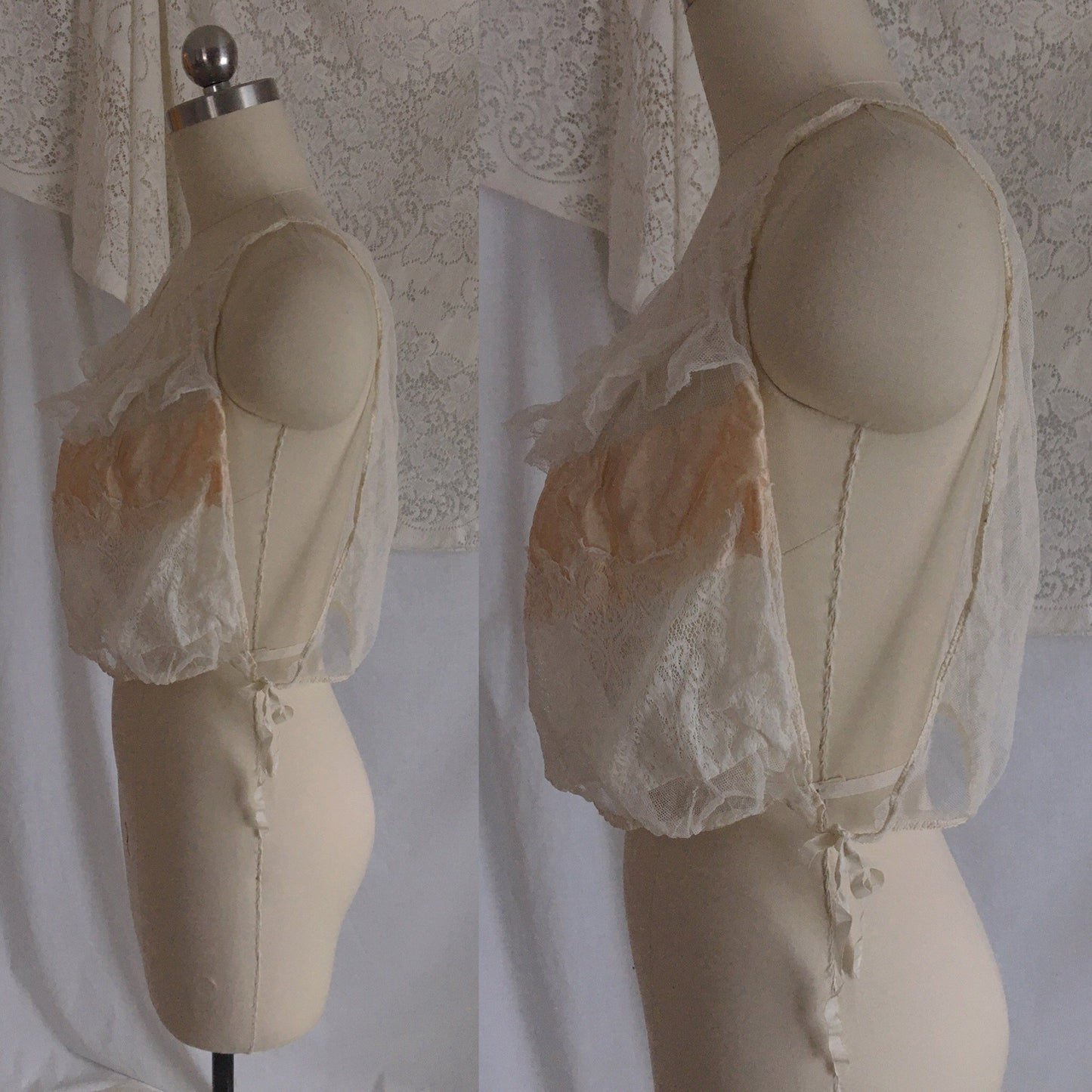 Antique 1910's Edwardian Corset Cover | Sheer White Tulle with Pale Peach Silk | Size XXS, XS - Daggers & Dames