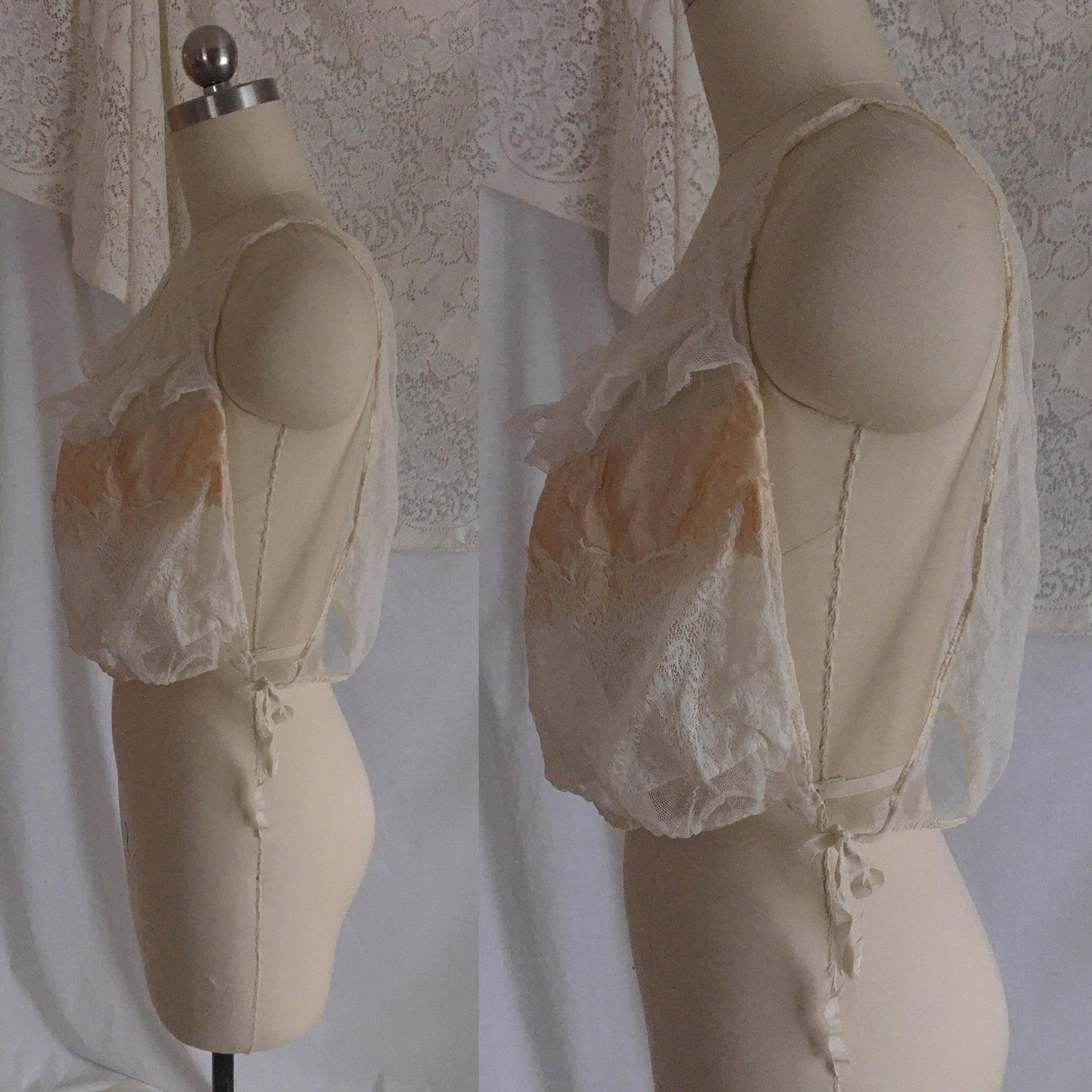 Antique 1910's Edwardian Corset Cover | Sheer White Tulle with Pale Peach Silk | Size XXS, XS - Daggers & Dames