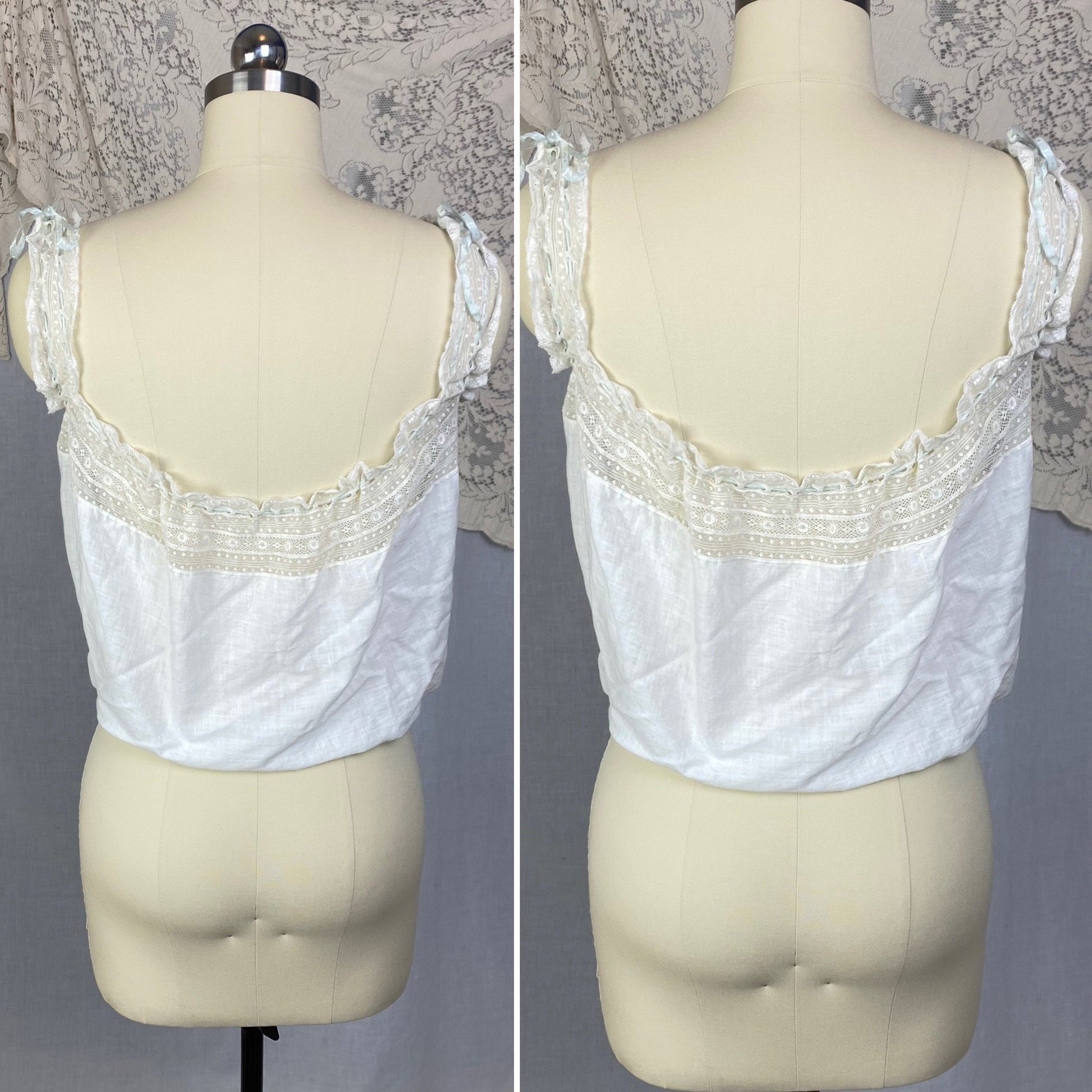 Antique 1910's Edwardian Corset Cover | White Cotton Lawn with Ruffled Lace & Pale Blue Silk Ribbon | Size XS, S - Daggers & Dames