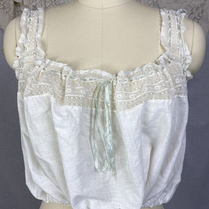 Antique 1910's Edwardian Corset Cover | White Cotton Lawn with Ruffled Lace & Pale Blue Silk Ribbon | Size XS, S - Daggers & Dames